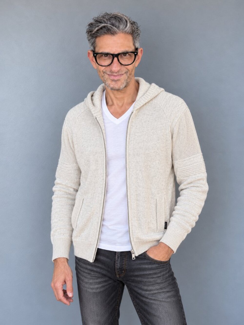 Stone Falcon Men's Cream Moto Ribbed Knit Full Zip Sweater Hoodie Small